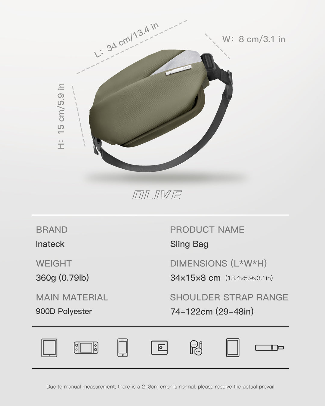 Inateck Stylish Sling Bag Crossbody Chest Bag with Spacious Orderly Storage, LB03014